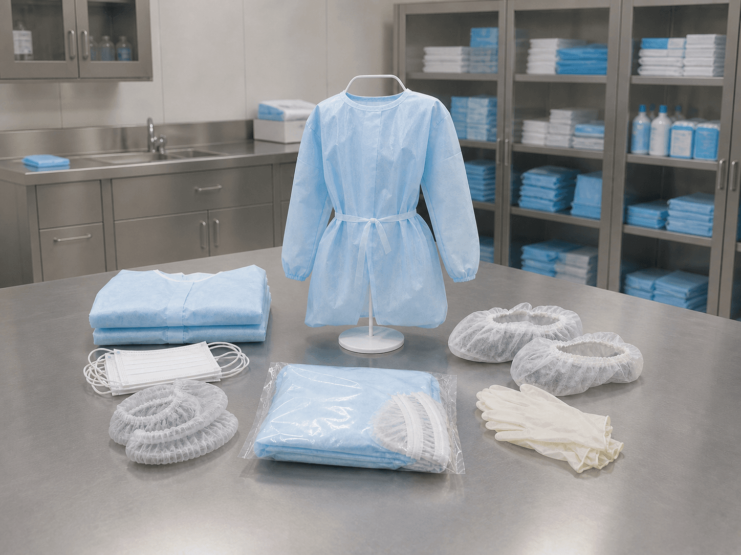 Kit de proteção hospitalar descartável com todos os componentes enquadrados
