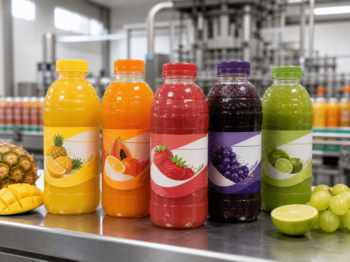 Rótulos coloridos aplicados a garrafas de bebidas e sucos