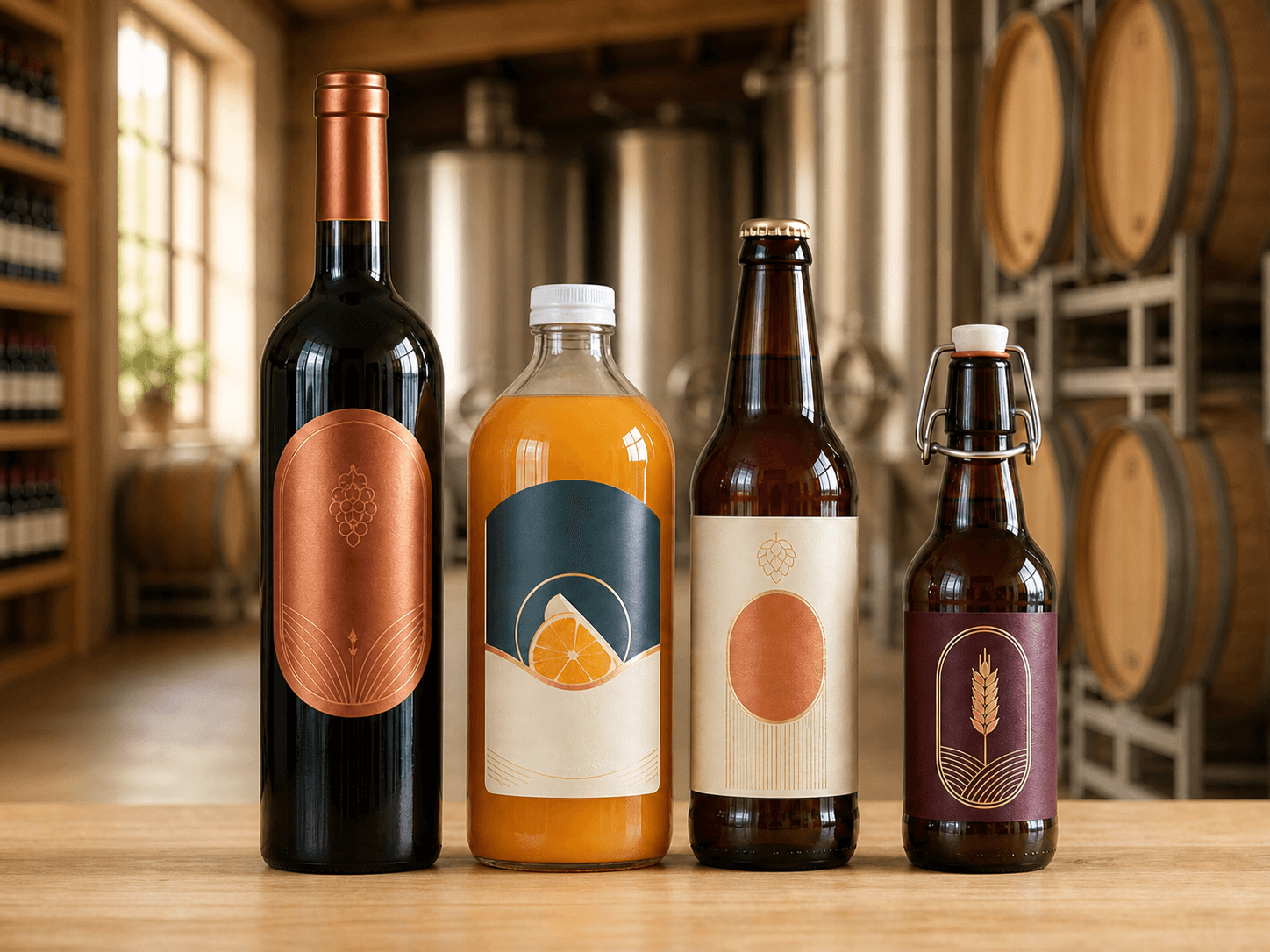 Rótulos premium aplicados a vinhos e bebidas artesanais em uma vinícola